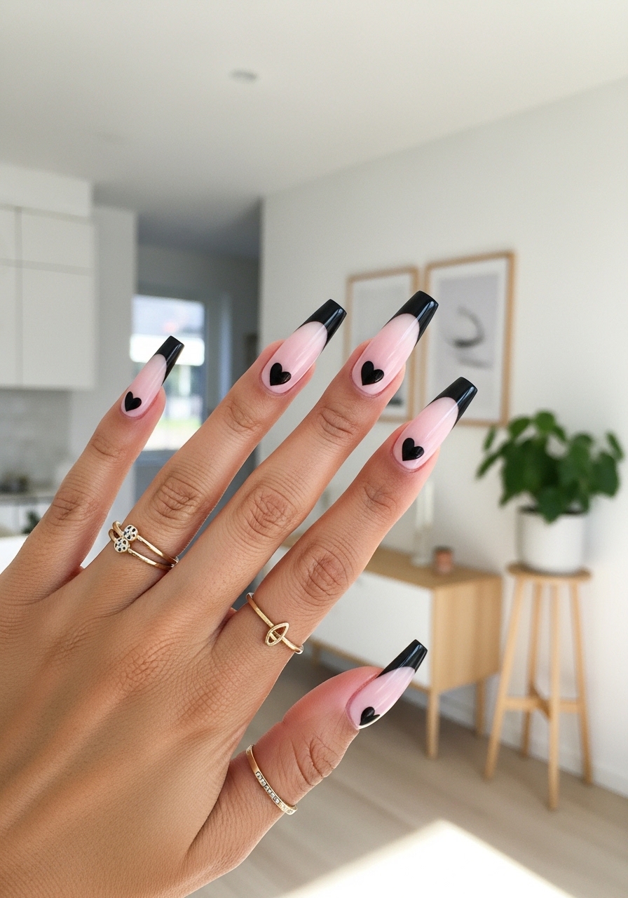 Elegant Black French Tip Nails with Cute Heart Accent on Nude Pink Base Manicure 2026