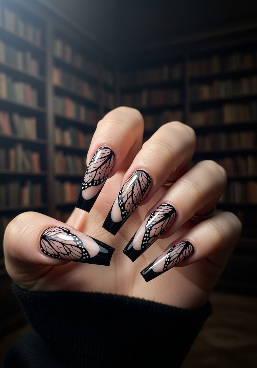 Elegant Black Nude Butterfly Wing Nails with Glossy French Tip Coffin Manicure
