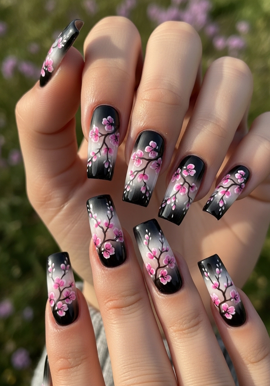 Elegant Black White Ombre Cherry Blossom Nails with Hand Painted Floral Nail Art