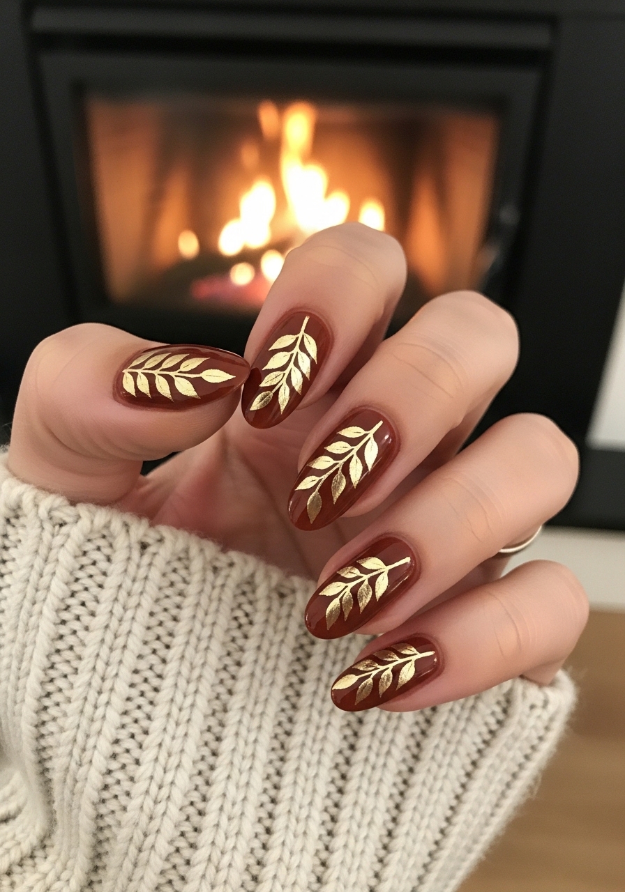 Elegant Brown Nails with Gold Leaf Botanical Nail Art Design 2026