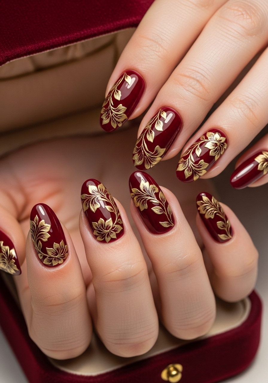 Luxury Burgundy Nails with Gold Floral Pattern Elegant Glossy Nail Art Design