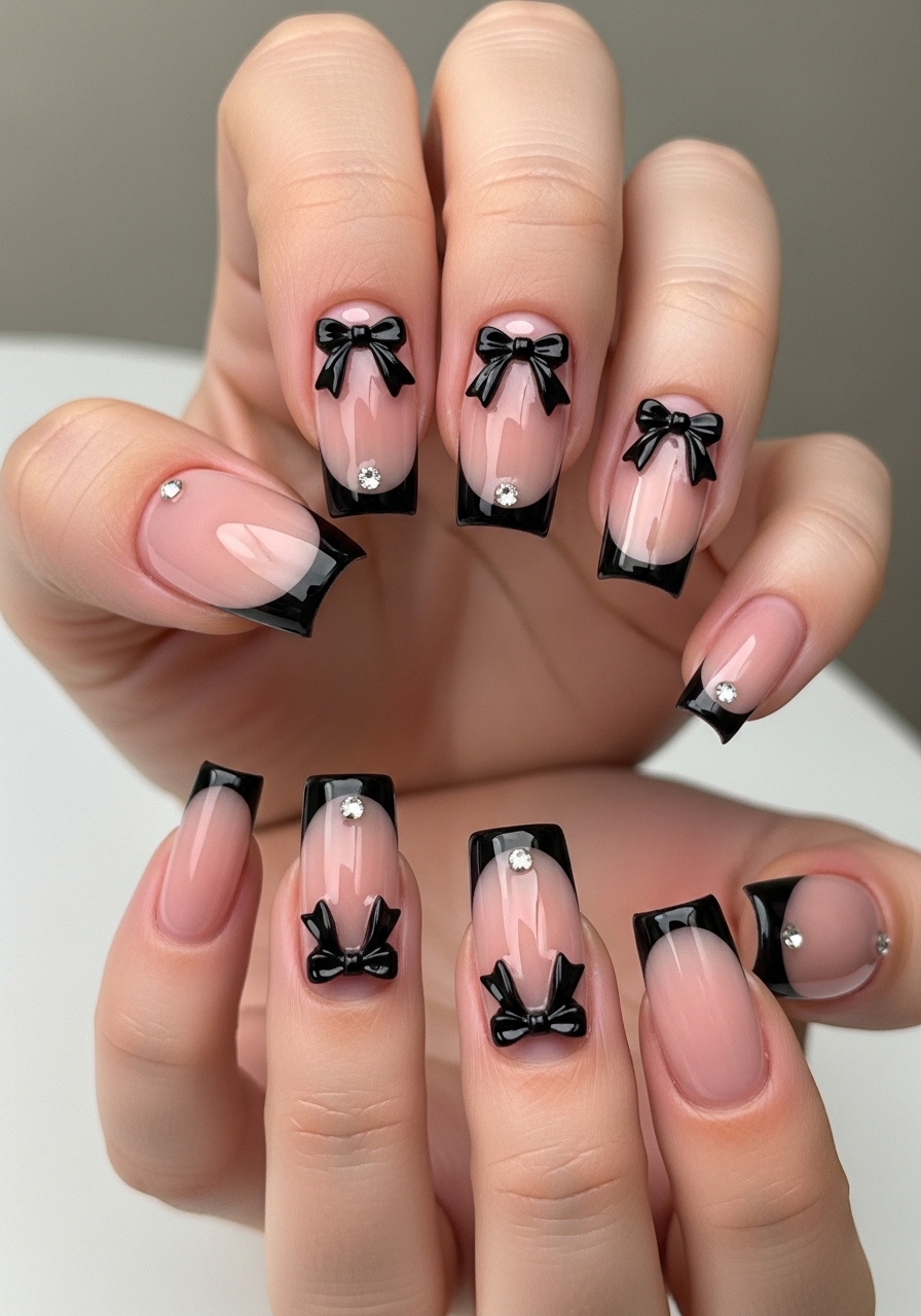 Elegant French Tip Nails with Black Bow and Rhinestone Accent Design 2026