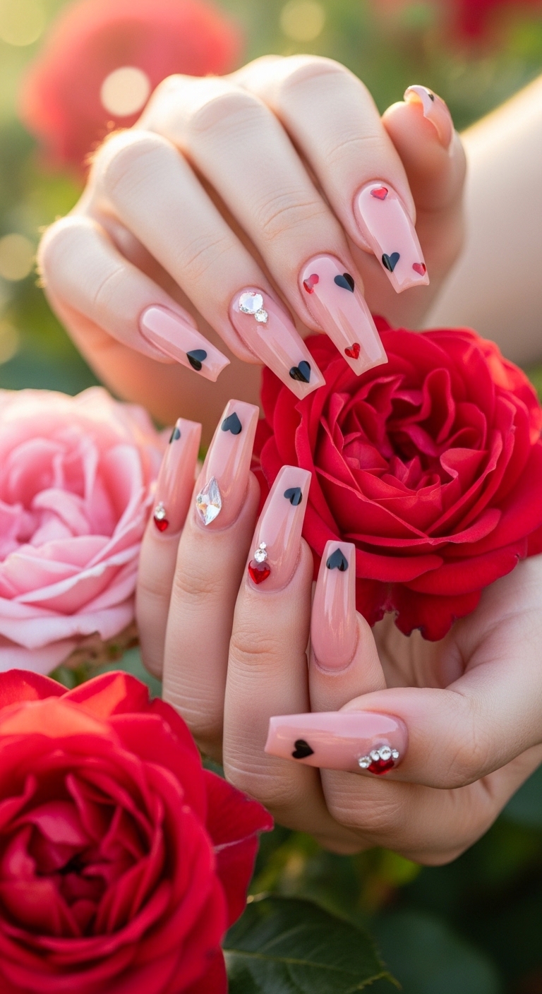 Elegant Nude Long Nails with Heart Rhinestones Romantic Nail Art Design