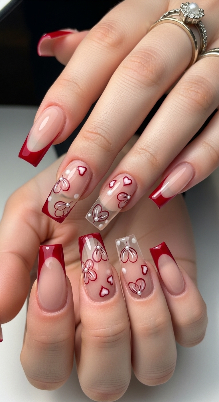 Elegant Red French Tip Nails with Butterfly and Heart Romantic Nail Art