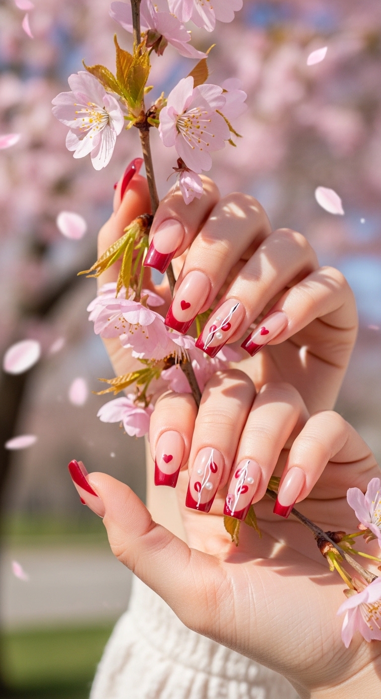 Elegant Red French Tip Nails with Cherry Blossom Inspired Heart Nail Art 2026