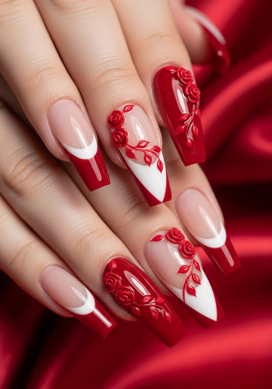 Elegant Red and White French Tip Nails with 3D Rose Floral Nail Art Design